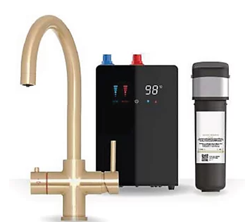Brewmaster 4-in-1 swan neck instant boiling water kitchen tap in Brushed Gold with digital under-sink tank