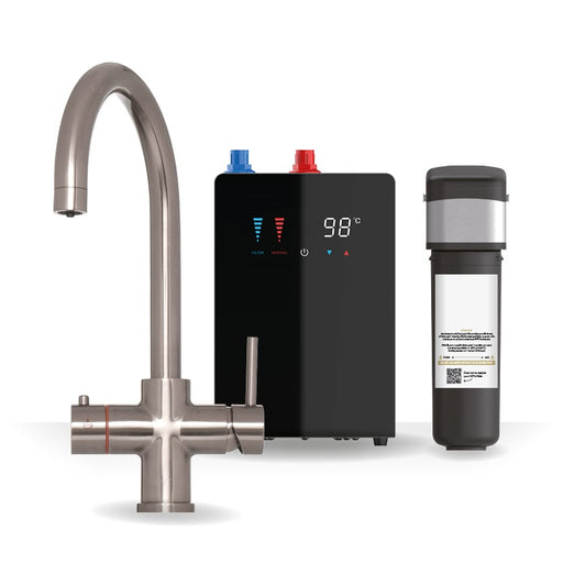Brewmaster 4-in-1 swan neck instant boiling water kitchen tap in Brushed Nickel with digital under-sink tank