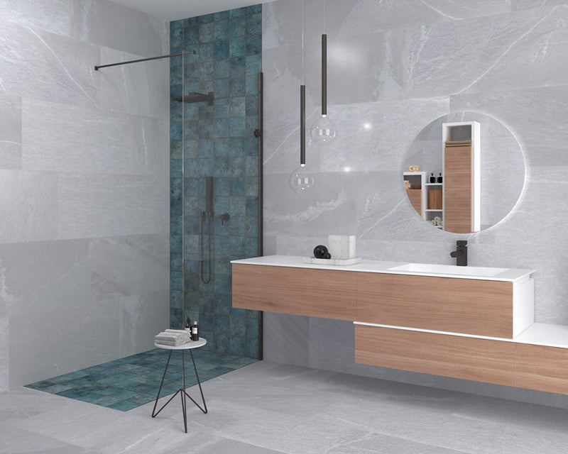 Brooksville Light Grey Stone Effect Satin Porcelain Wall & Floor Tile 450x900mm