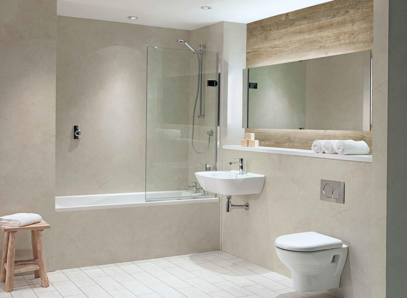 Bushboard Nuance Alabaster Quarry shower wall panel installed in a bathroom