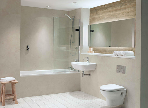 Bushboard Nuance Alabaster Quarry shower wall panel installed in a bathroom
