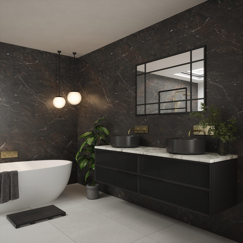 Bushboard Nuance Basalt Mineral shower wall panel installed in a bathroom