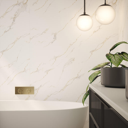 Bushboard Nuance Bianco Carrara Shell shower wall panel installed in a bathroom