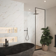 Bushboard Nuance Bianco Carrara Shell shower wall panel installed in a bathroom