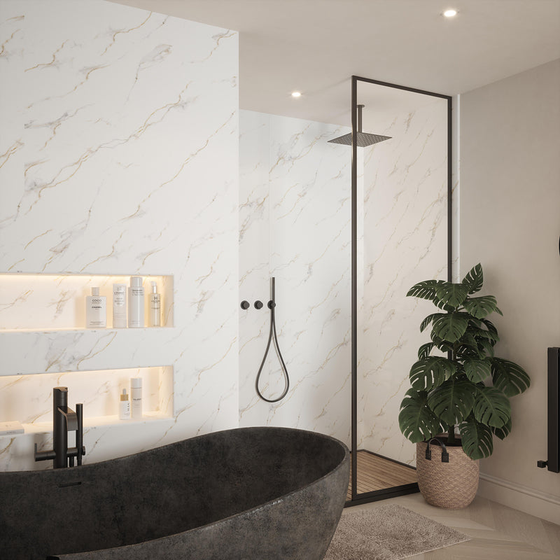 Bushboard Nuance Bianco Carrara Shell shower wall panel installed in a bathroom