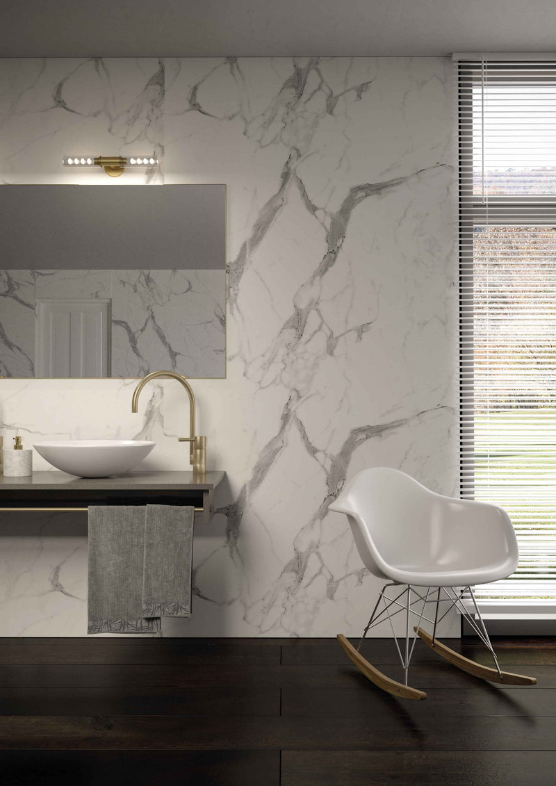 Bushboard Nuance Calacatta Statuario Glaze shower wall panel installed in a bathroom