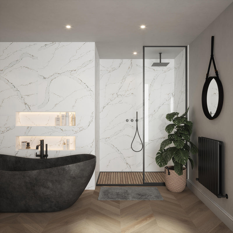 Bushboard Nuance Calacatta Volegno Shell shower wall panel installed in a bathroom