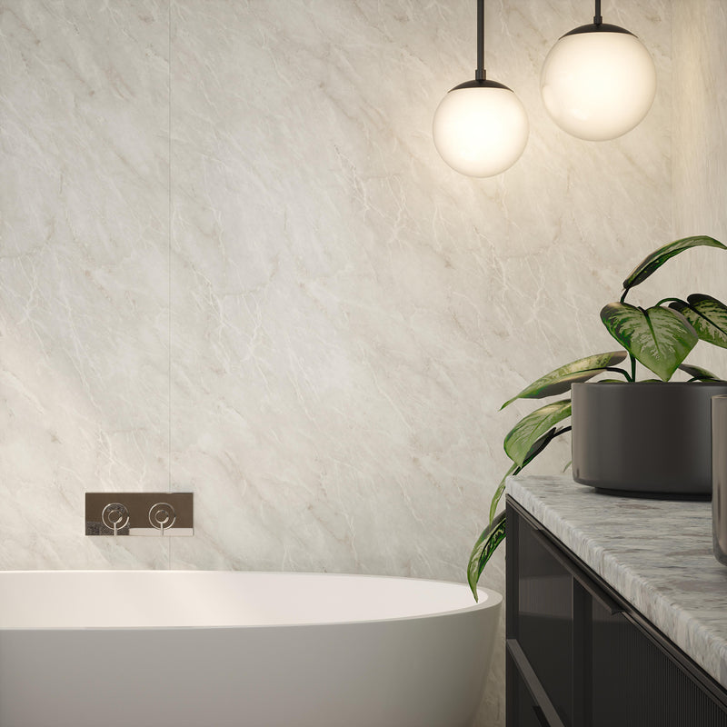 Bushboard Nuance Carnico Marble Gloss shower wall panel installed in a bathroom