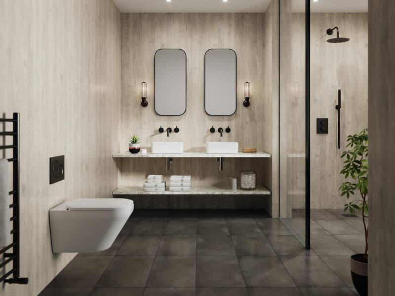 Bushboard Nuance Chalkwood Riven shower wall panel installed in a bathroom