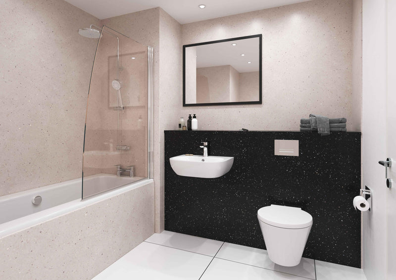 Bushboard Nuance Doux Lime Quartz Ultramatt shower wall panel installed in a bathroom