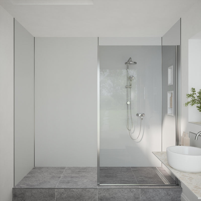 Bushboard Nuance Fusion Ash Grey Gloss fusion wall panel installed in a bathroom