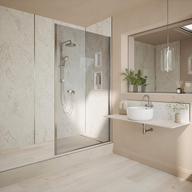 Bushboard Nuance Fusion Azul Marble Shell fusion wall panel installed in a bathroom