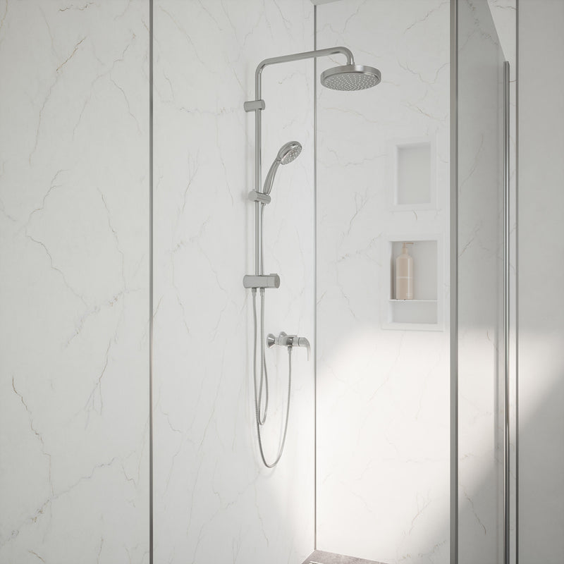Bushboard Nuance Fusion Bianco Venato Shell fusion wall panel installed in a bathroom
