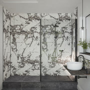 Bushboard Nuance Fusion Calacatta Fantasia Shell fusion wall panel installed in a bathroom