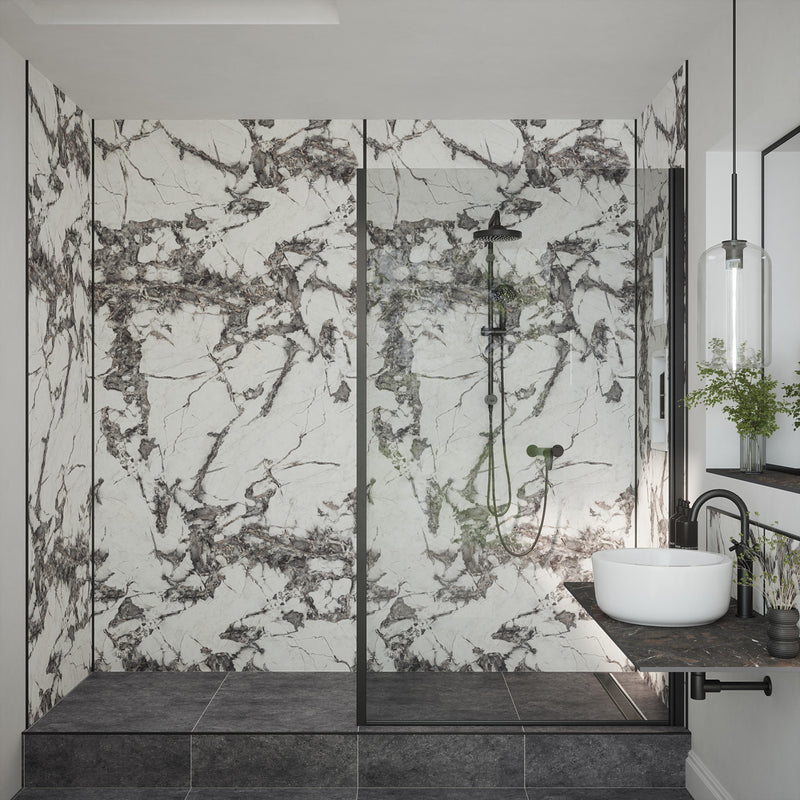 Bushboard Nuance Fusion Calacatta Fantasia Shell fusion wall panel installed in a bathroom
