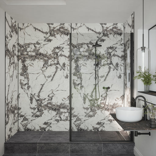 Bushboard Nuance Fusion Calacatta Fantasia Shell fusion wall panel installed in a bathroom
