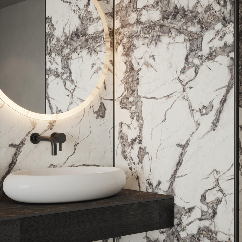 Bushboard Nuance Fusion Calacatta Fantasia Shell fusion wall panel installed in a bathroom