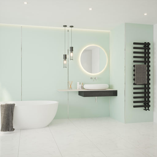 Bushboard Nuance Fusion Cool Green Gloss fusion wall panel installed in a bathroom