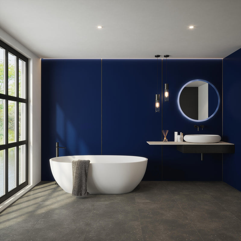 Bushboard Nuance Fusion Dark Denim Gloss fusion wall panel installed in a bathroom