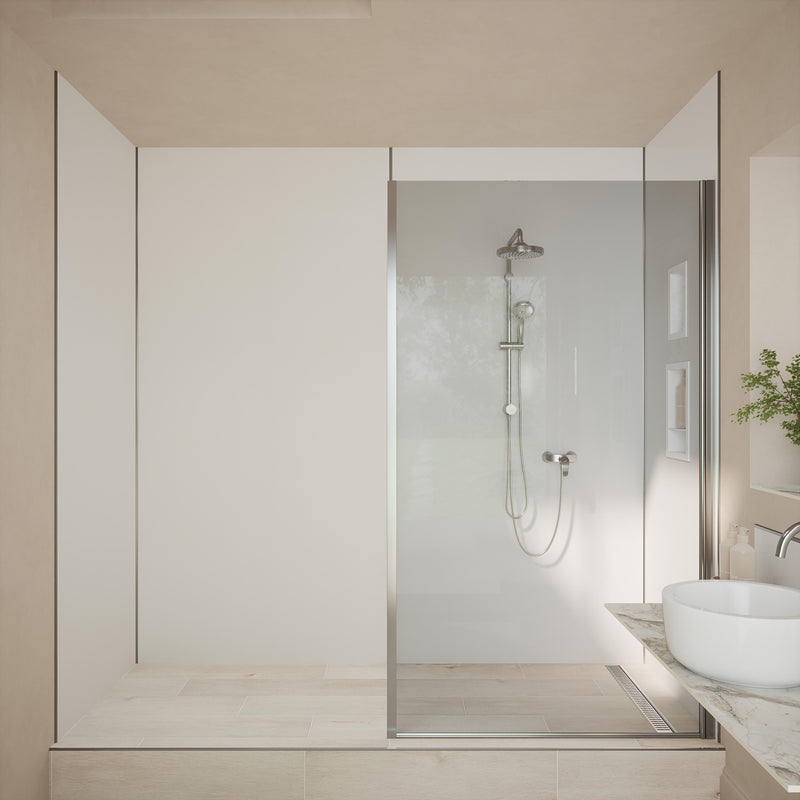 Bushboard Nuance Fusion Fresh White Gloss fusion wall panel installed in a bathroom