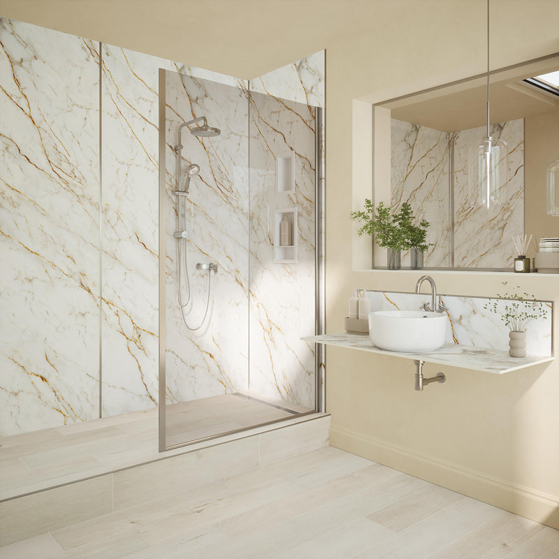 Bushboard Nuance Fusion Norris Marble Shell fusion wall panel installed in a bathroom