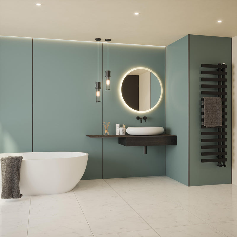 Bushboard Nuance Fusion Petrol Blue Gloss fusion wall panel installed in a bathroom