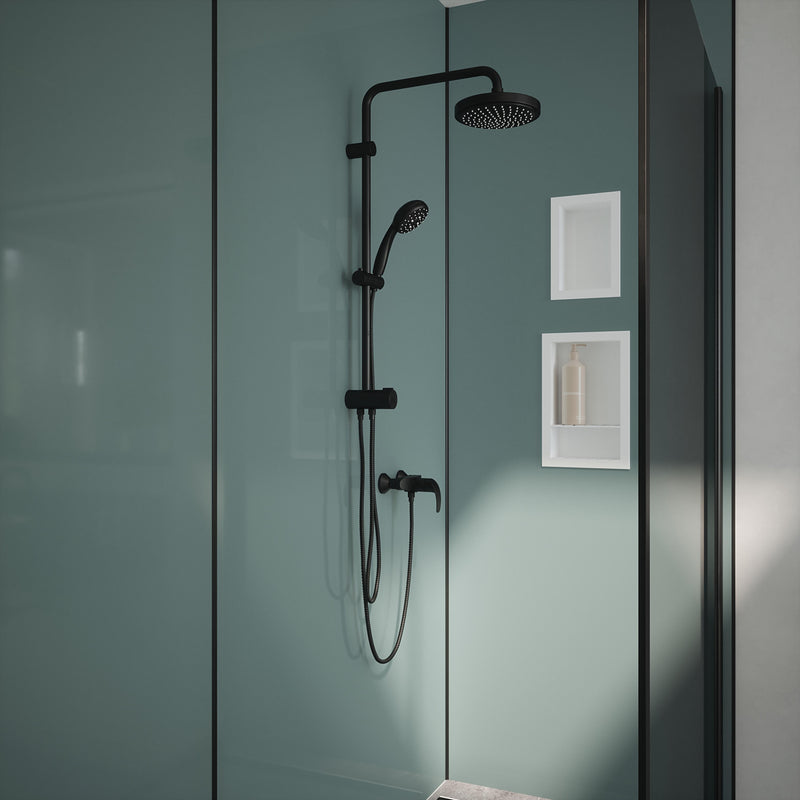 Bushboard Nuance Fusion Petrol Blue Gloss fusion wall panel installed in a bathroom