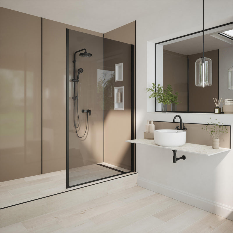 Bushboard Nuance Fusion Storm Cloud Gloss fusion wall panel installed in a bathroom