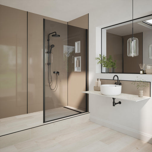 Bushboard Nuance Fusion Storm Cloud Gloss fusion wall panel installed in a bathroom