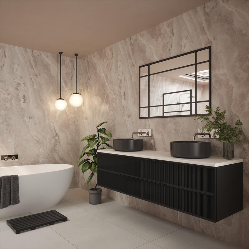 Bushboard Nuance Grey Onyx Gloss shower wall panel installed in a bathroom