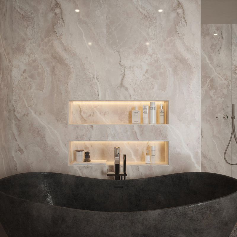 Bushboard Nuance Grey Onyx Gloss shower wall panel installed in a bathroom
