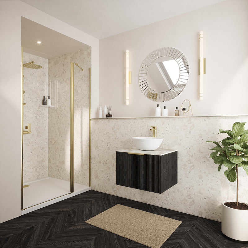 Bushboard Nuance Light Terrazzo Roche shower wall panel installed in a bathroom