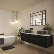 Bushboard Nuance Light Travertine Roccia shower wall panel installed in a bathroom