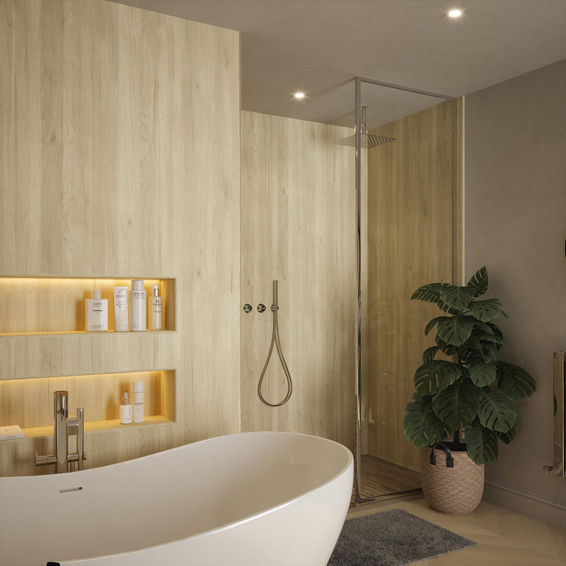 Bushboard Nuance Native Oak Timber shower wall panel installed in a bathroom