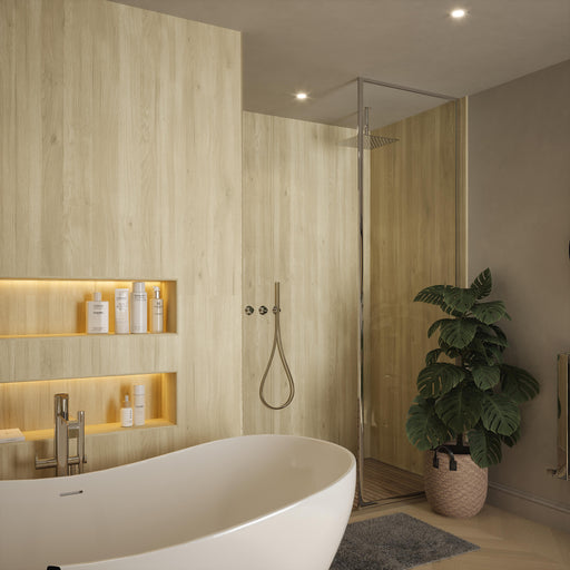 Bushboard Nuance Native Oak Timber shower wall panel installed in a bathroom