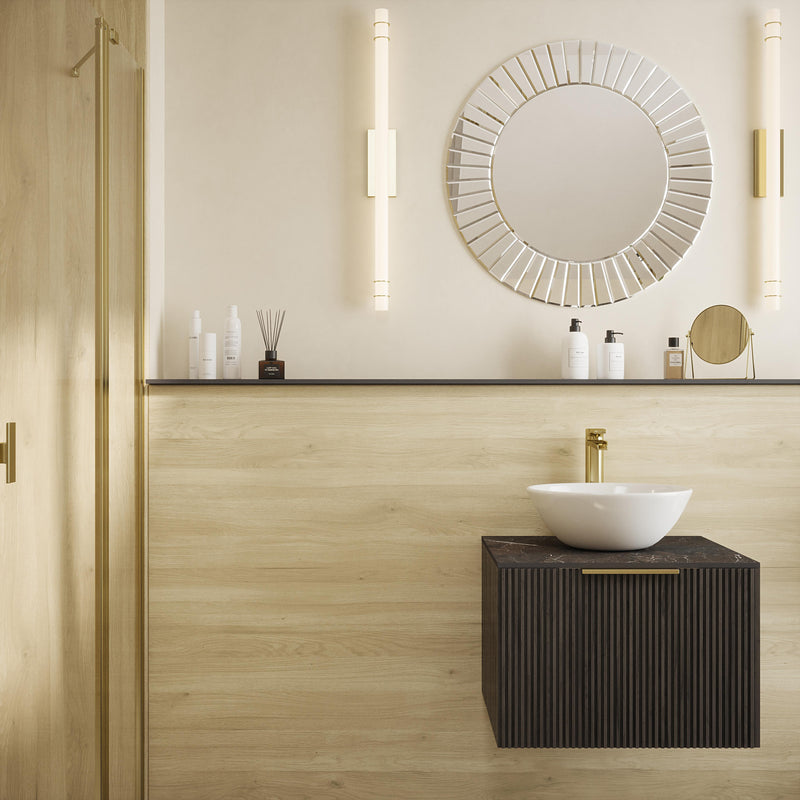 Bushboard Nuance Native Oak Timber shower wall panel installed in a bathroom