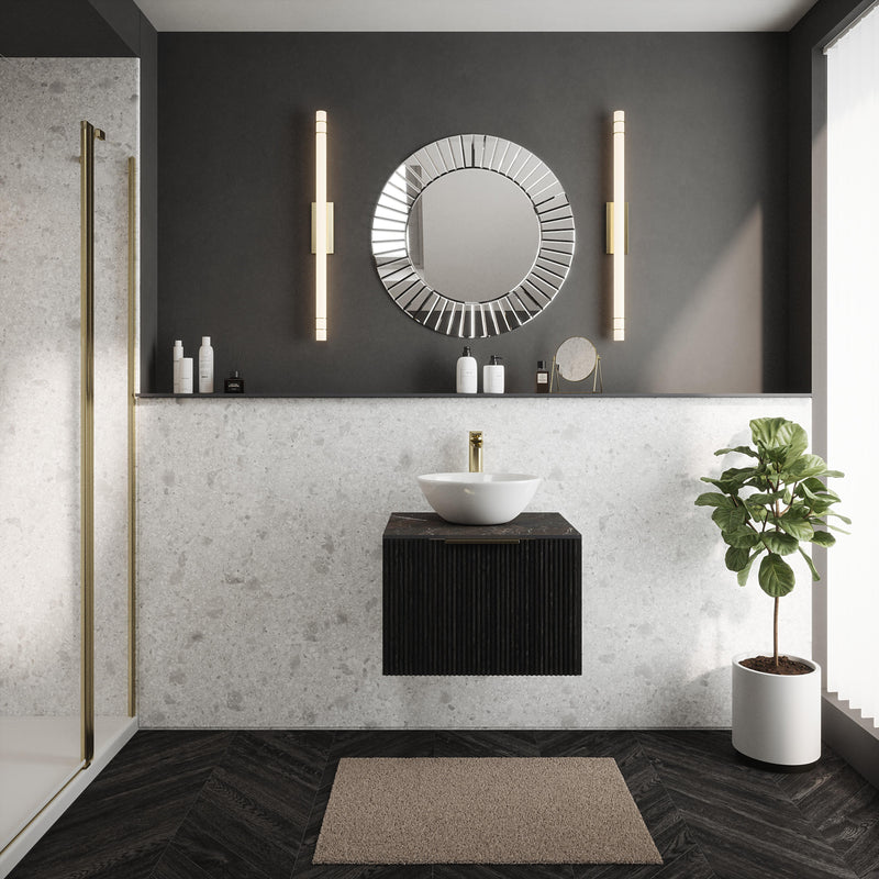 Bushboard Nuance Terrazzo White Shell shower wall panel installed in a bathroom