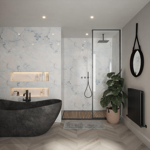 Bushboard Nuance White Onyx Gloss shower wall panel installed in a bathroom