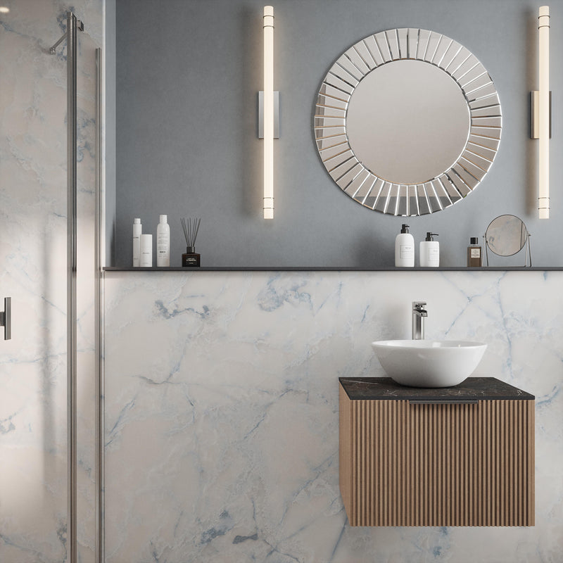 Bushboard Nuance White Onyx Gloss shower wall panel installed in a bathroom