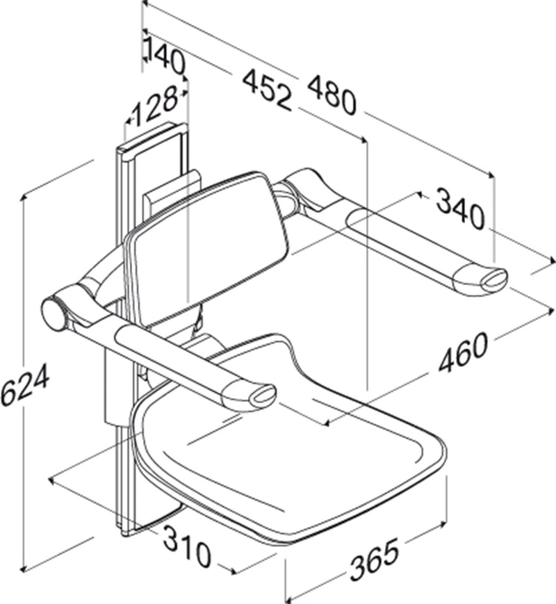 Pressalit PLUS Shower Seat 310 incl. Backrest & Armrests dimensioned drawing (R7334035)