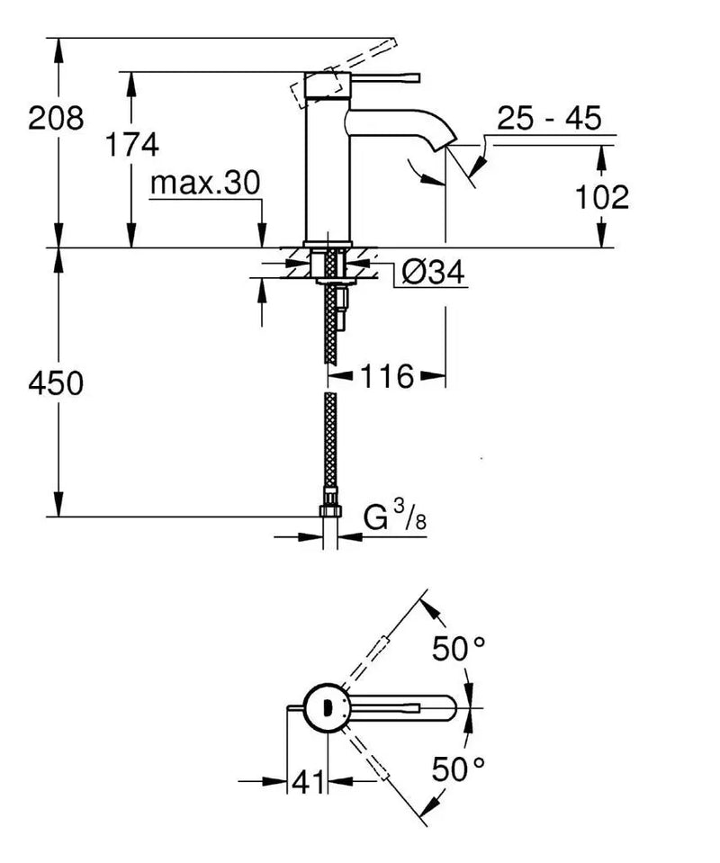 Grohe Essence Basin Mixer Tap S-Size Smooth Body chrome side profile