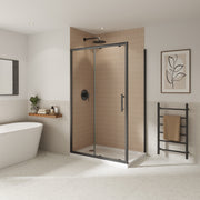 Coram Optima 6 sliding door with side panel corner enclosure in brushed black