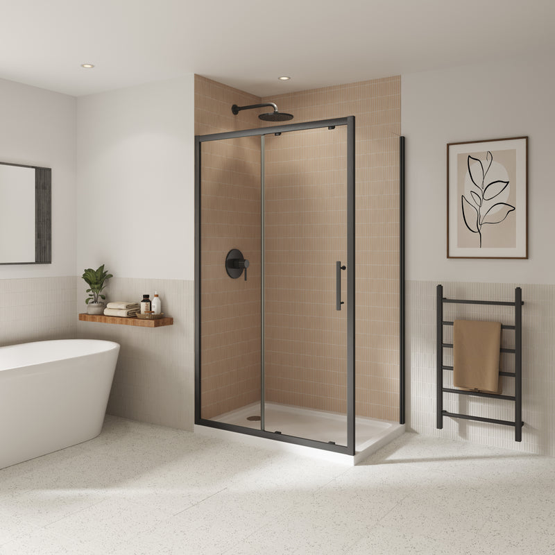 Coram Optima 6 sliding door with side panel corner enclosure in brushed black