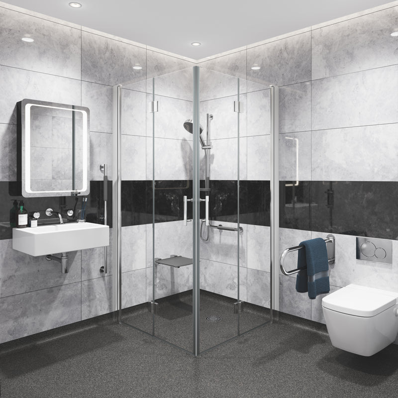 Coram Premier 8 double bi-fold doors with coving profiles on a vinyl wetroom floor