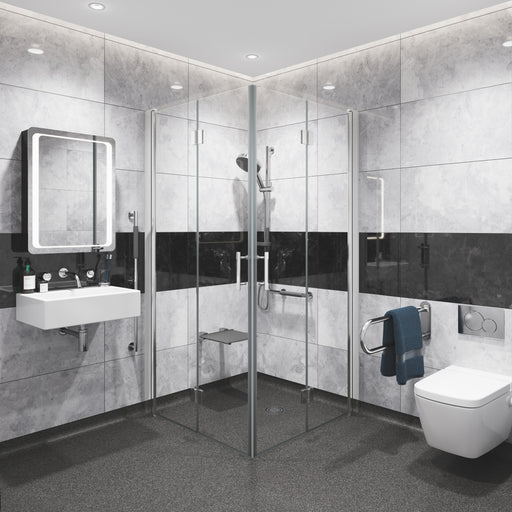 Coram Premier 8 double bi-fold doors with coving profiles on a vinyl wetroom floor