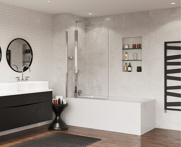 Coram Square bath screen with fixed panel and basket 1050mm, chrome