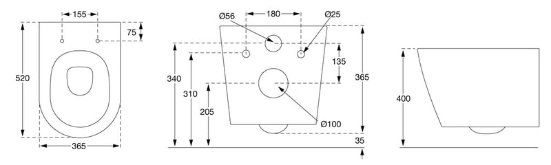 Pressalit Trend Wall-Hung Rimless Toilet — Dimensioned Drawing (220366)