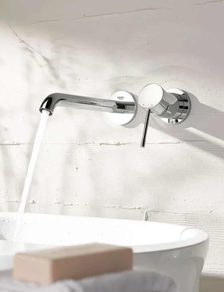 Grohe Essence wall-mounted 2-hole basin mixer L-Size StarLight Chrome side profile