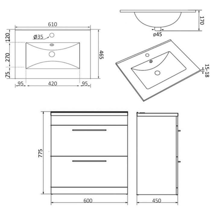 Kartell K-VIT Purity 600mm Floor Standing 2 Drawer Unit & Ceramic Basin White Gloss (FUR008PU-FUR057PU)