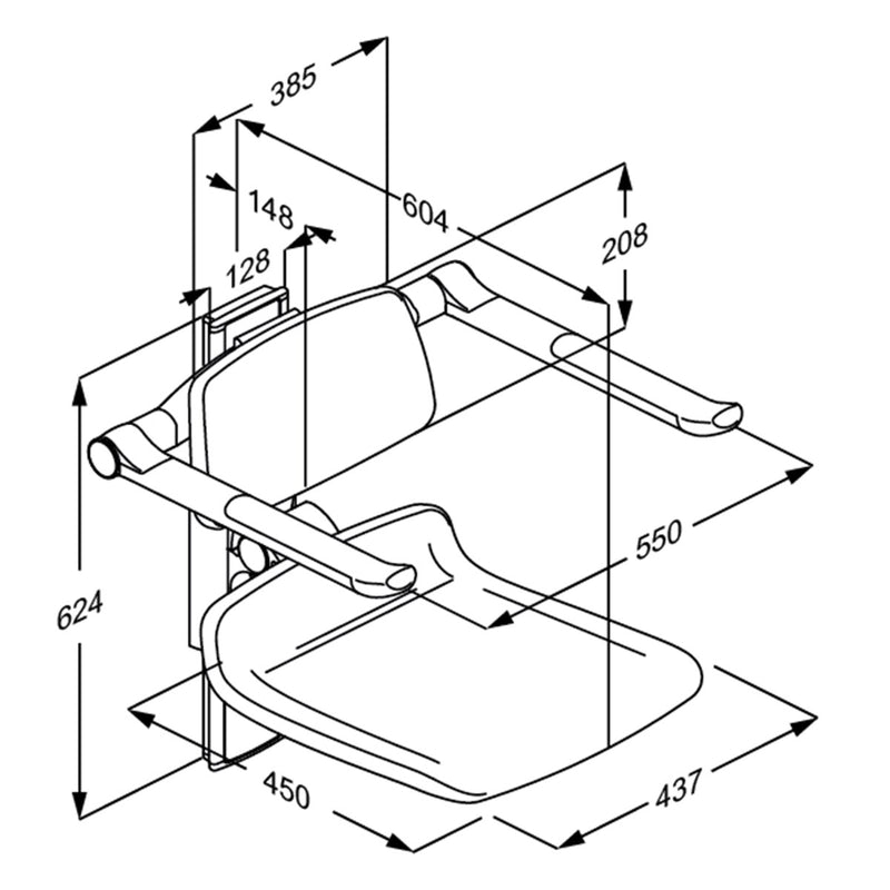 Pressalit PLUS Shower Seat 450 incl. Backrest & Armrests dimensioned drawing (R7434112)